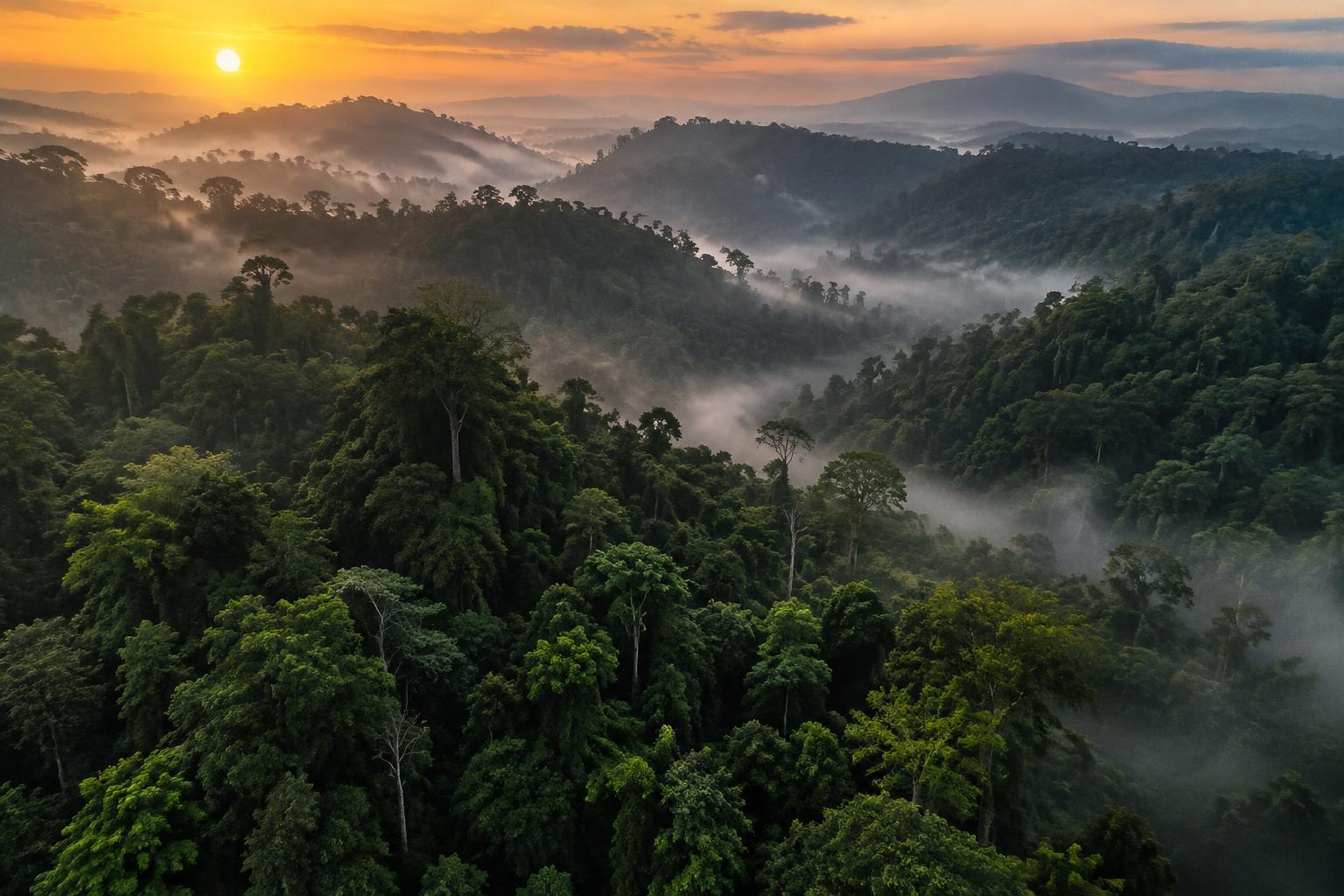 Hutan hujan tropis Indonesia yang tak berujung saat fajar