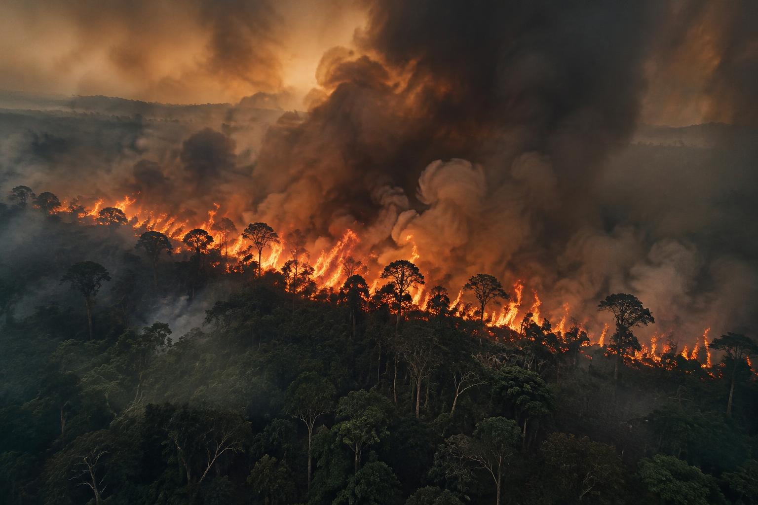 Hutan yang sama terbakar, asap tebal menggelapkan langit