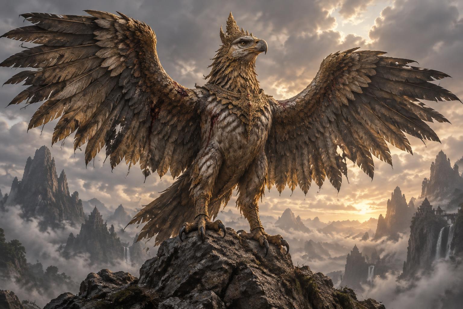 Garuda berdiri tegak di atas batu, perlahan membentangkan sayapnya yang rusak di bawah langit berawan