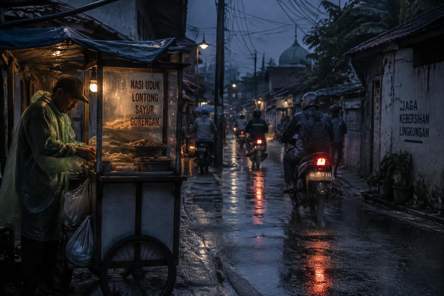 Pedagang kaki lima tetap bekerja di bawah hujan sebelum fajar, para pekerja berangkat dengan motor