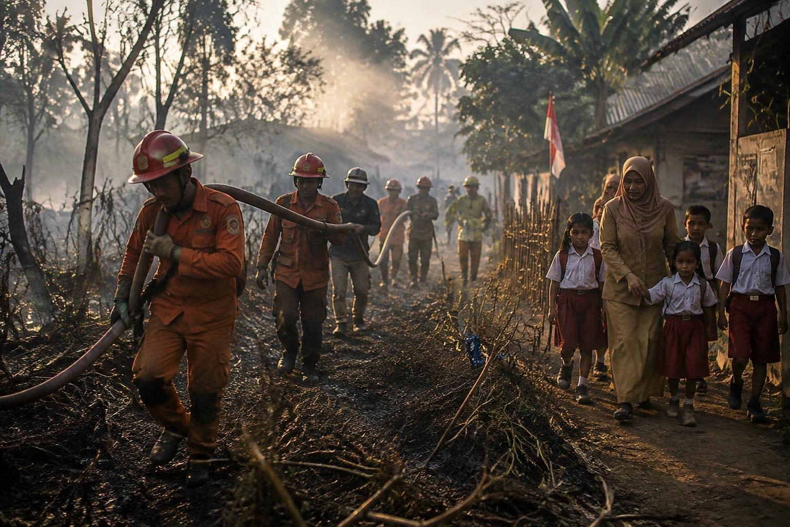 Petugas pemadam kebakaran membawa selang di tepi hutan terbakar, seorang guru berjalan bersama murid-muridnya